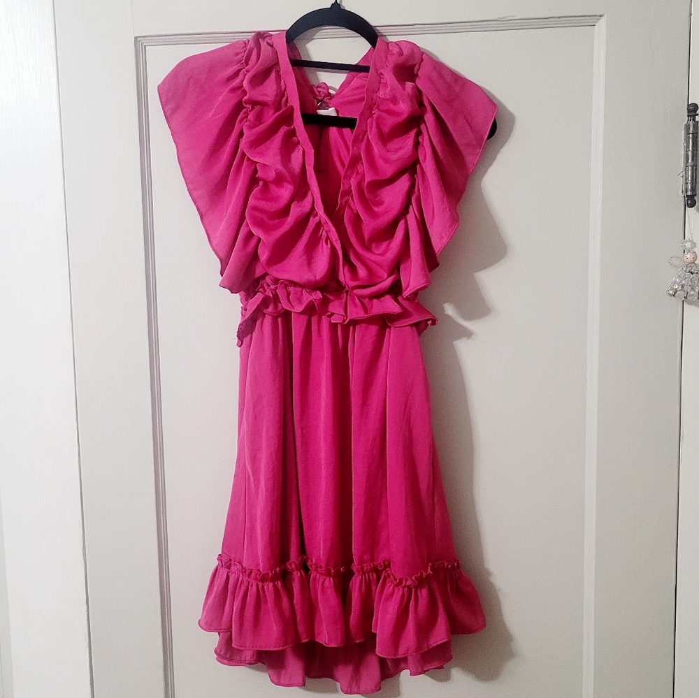 $RUFFLES ANYONE?  FUCHSIA RUFFLE DRESS,  SIZE S